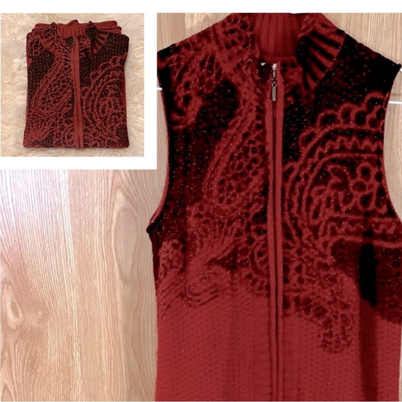 Coldwater Creek Wool Knit Blend Paisley Red/ Black Full Zip Sweater Vest - Picture 1 of 5